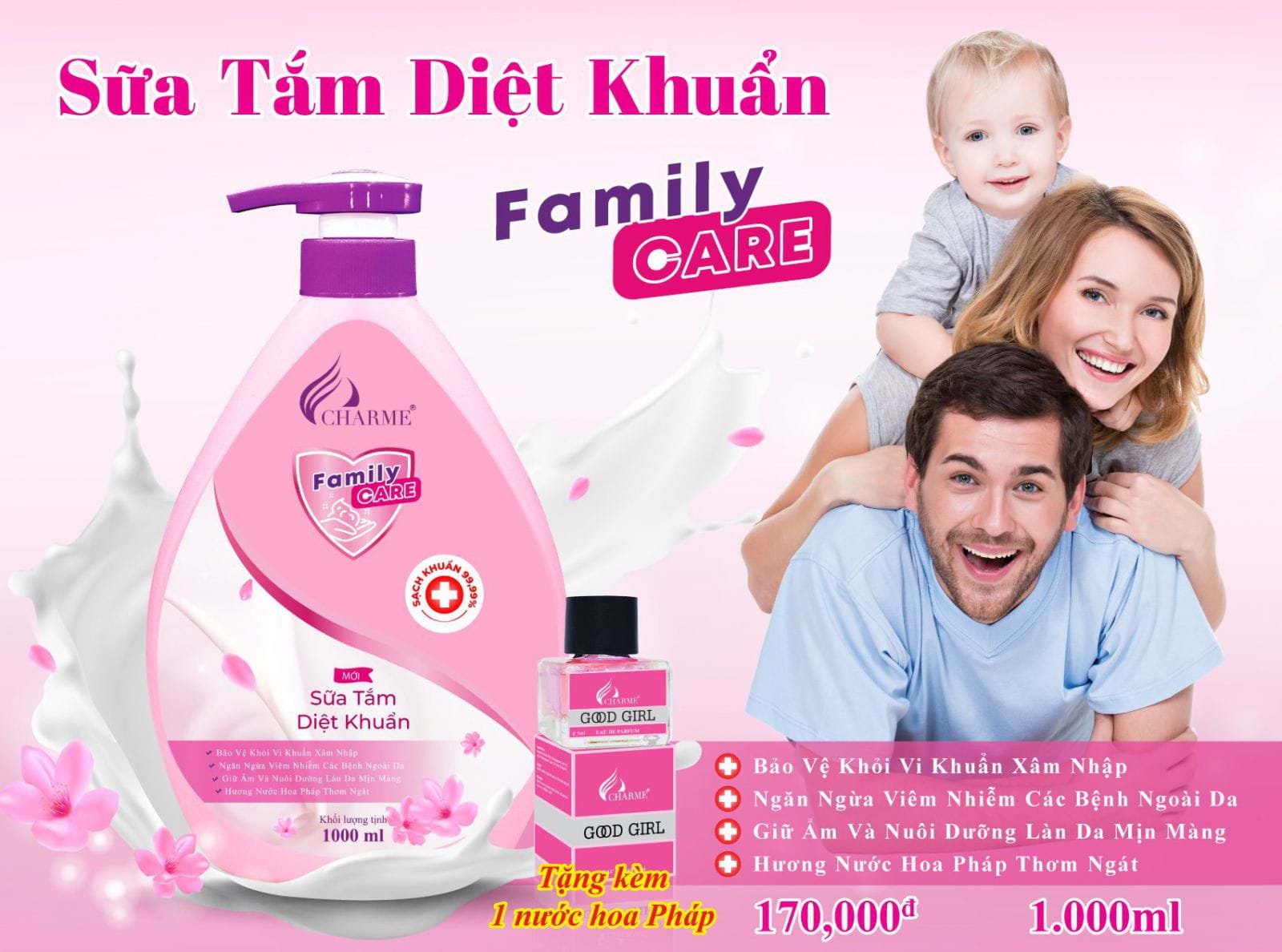Sữa Tắm diệt khuẩn Charme Family Care 1000ml